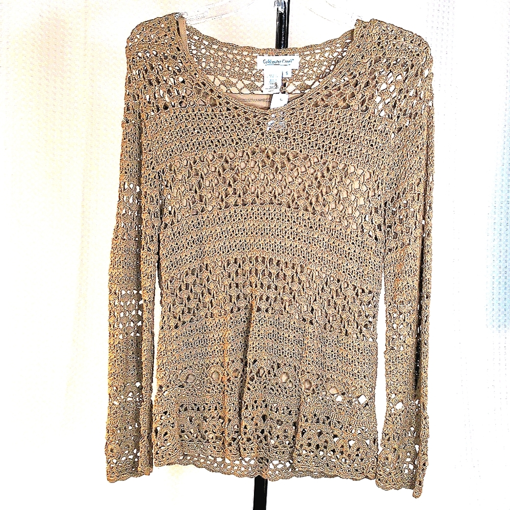 Coldwater Creek crochet knit sweater long sleeve beige top 2pc S